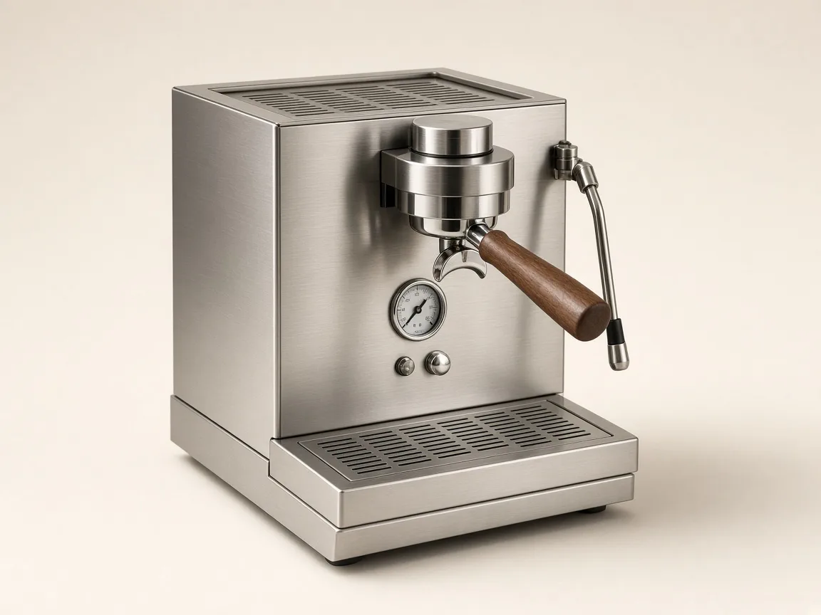 A generic, unbranded stainless espresso machine with a walnut-handled portafilter on a warm paper background